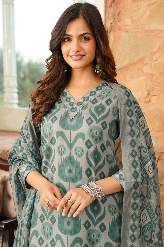 Grey Cotton Blend Ikat Printed Straight Kurta Trousers With Dupatta VKSKD2403