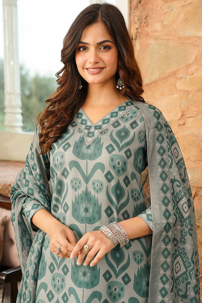 Grey Cotton Blend Ikat Printed Straight Kurta Trousers With Dupatta VKSKD2403