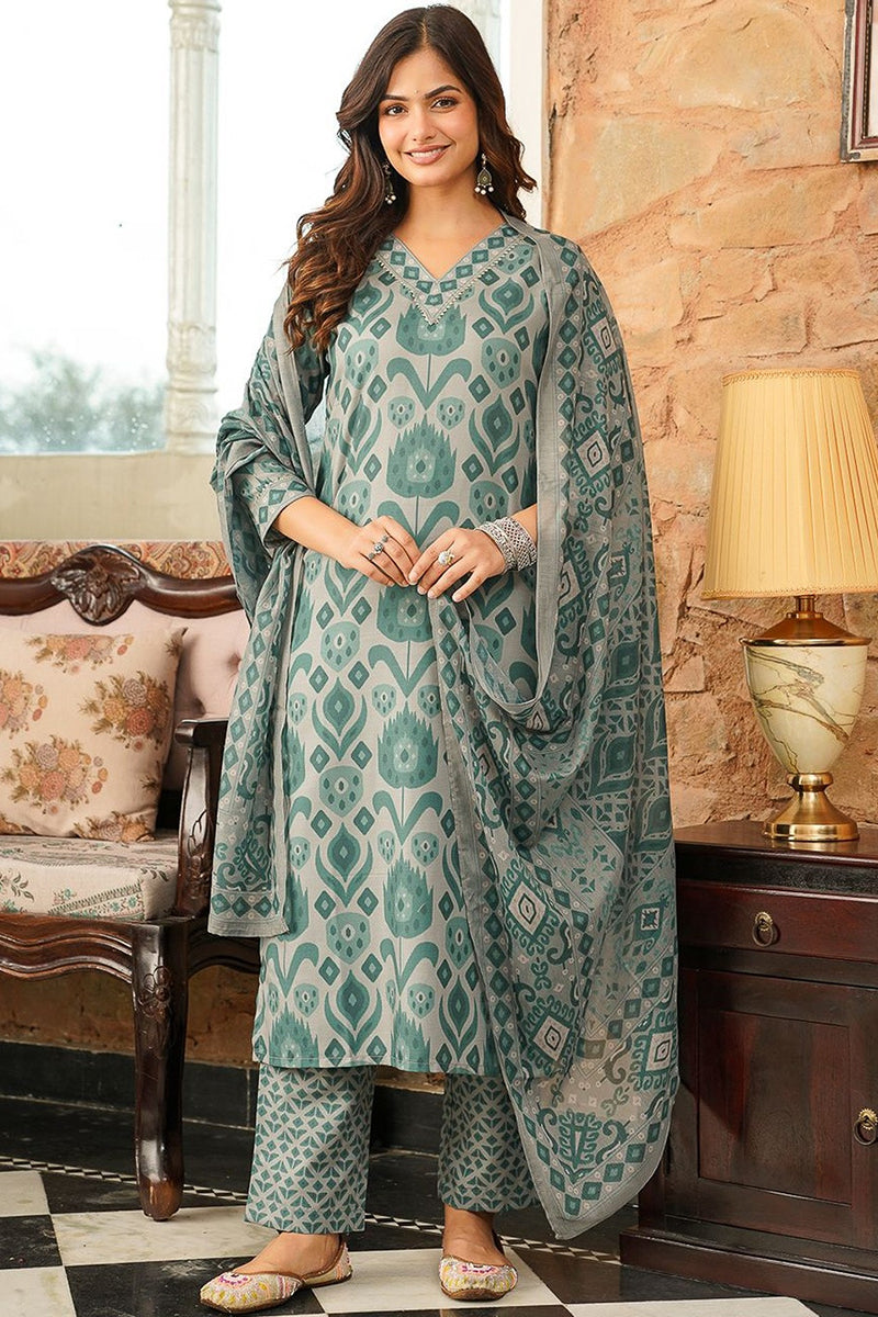 Grey Cotton Blend Ikat Printed Straight Kurta Trousers With Dupatta VKSKD2403