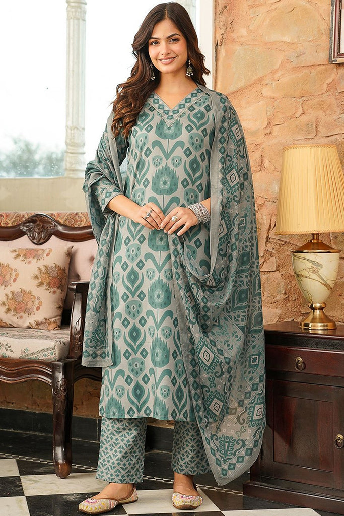 Grey Cotton Blend Ikat Printed Straight Kurta Trousers With Dupatta VKSKD2403