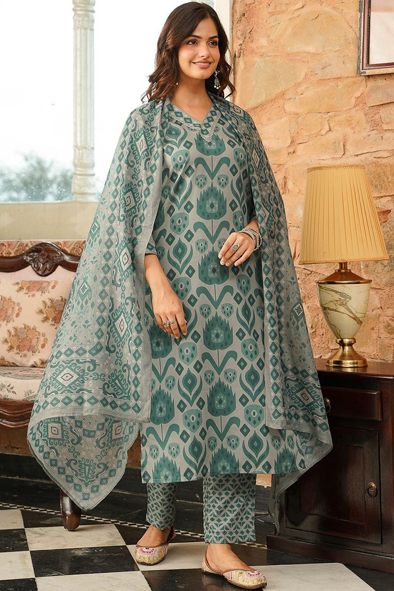 Grey Cotton Blend Ikat Printed Straight Kurta Trousers With Dupatta VKSKD2403