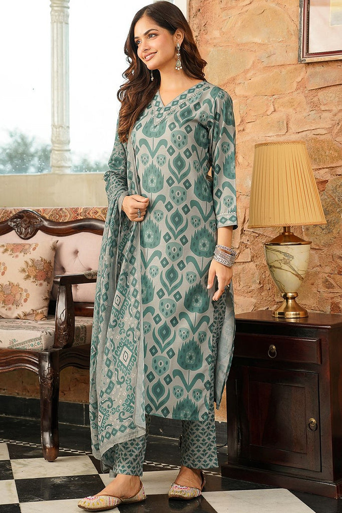 Grey Cotton Blend Ikat Printed Straight Kurta Trousers With Dupatta VKSKD2403
