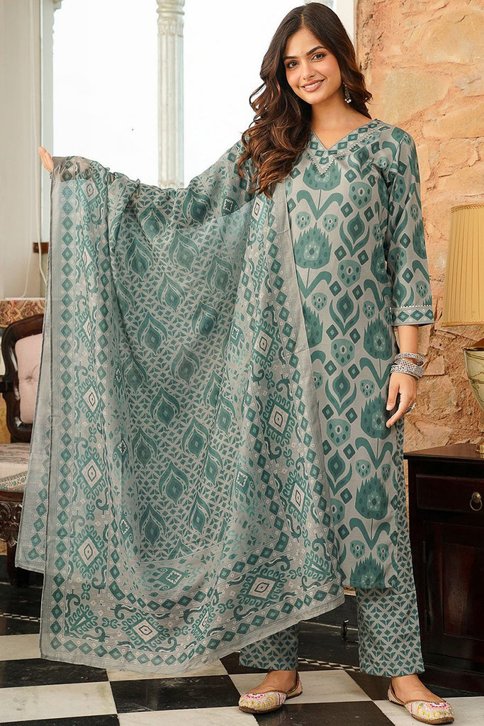 Grey Cotton Blend Ikat Printed Straight Kurta Trousers With Dupatta VKSKD2403