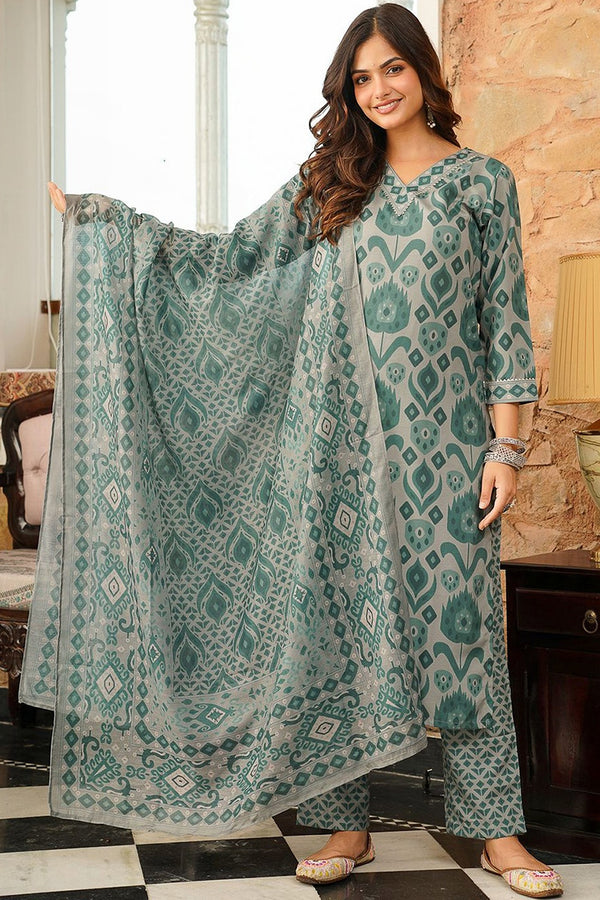 Grey Cotton Blend Ikat Printed Straight Kurta Trousers With Dupatta VKSKD2403