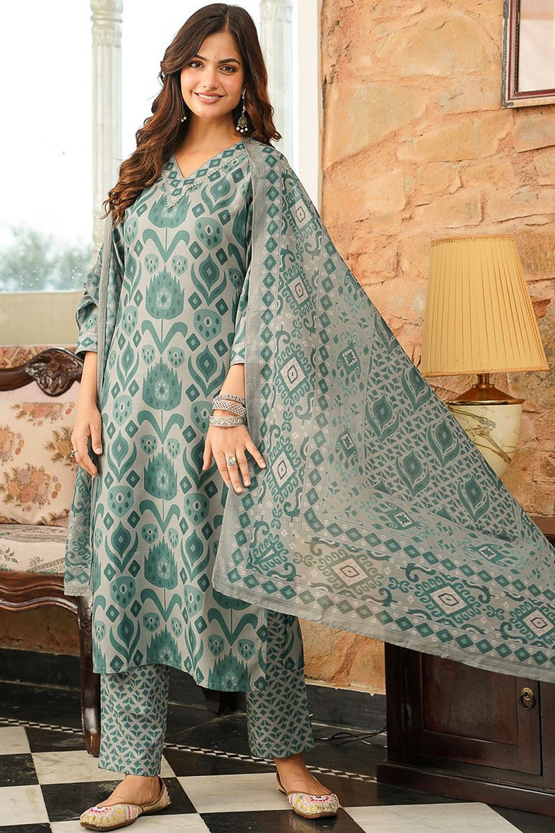 Grey Cotton Blend Ikat Printed Straight Kurta Trousers With Dupatta VKSKD2403