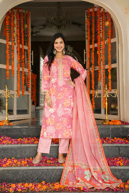 Pink Cotton Blend Floral Printed Straight Kurta Trousers With Dupatta VKSKD2405
