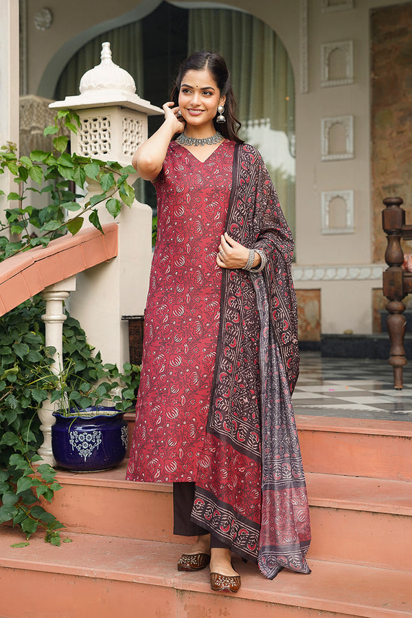 Maroon Cotton Blend Printed Straight Kurta Trousers With Dupatta VKSKD2408