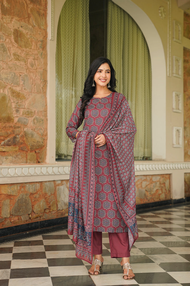 Maroon Cotton Blend Ajrakh Printed Straight Kurta Trousers With Dupatta VKSKD2409