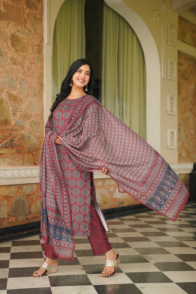 Maroon Cotton Blend Ajrakh Printed Straight Kurta Trousers With Dupatta VKSKD2409