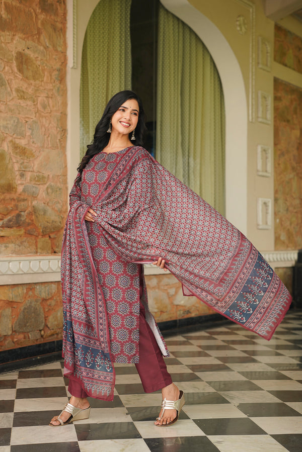 Maroon Cotton Blend Ajrakh Printed Straight Kurta Trousers With Dupatta VKSKD2409