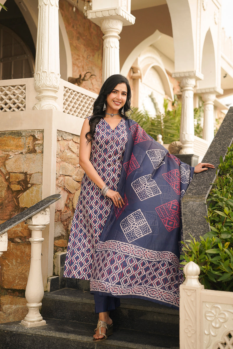 Blue Rayon Geometric Printed Straight Kurta Trousers With Dupatta VKSKD2410