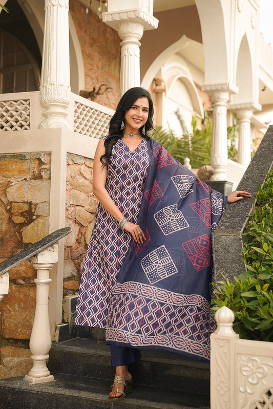 Blue Rayon Geometric Printed Straight Kurta Trousers With Dupatta VKSKD2410