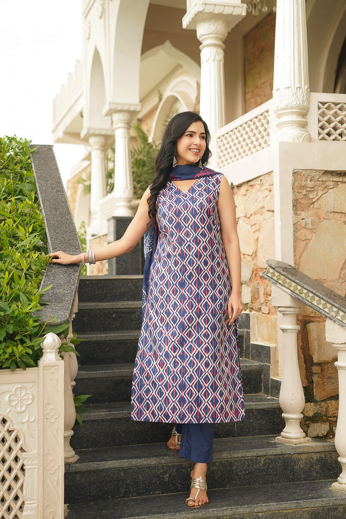 Blue Rayon Geometric Printed Straight Kurta Trousers With Dupatta VKSKD2410