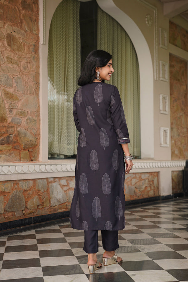 Black Cotton Blend Printed Straight Kurta Trousers With Dupatta VKSKD2411