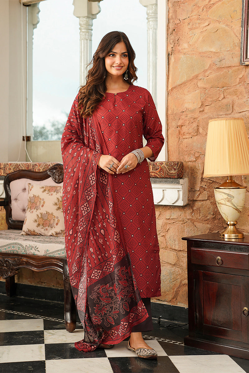Red Cotton Blend Geometric Printed Straight Kurta Trousers With Dupatta VKSKD2414