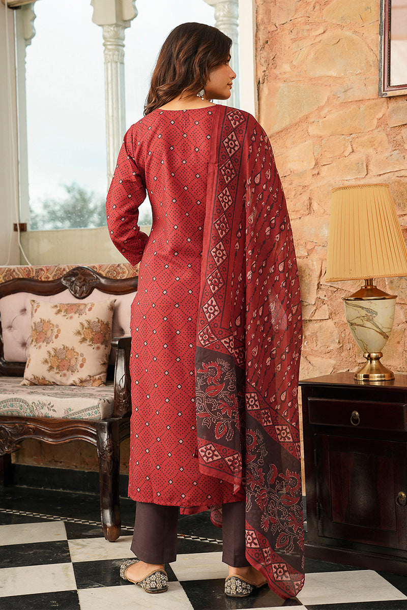 Red Cotton Blend Geometric Printed Straight Kurta Trousers With Dupatta VKSKD2414