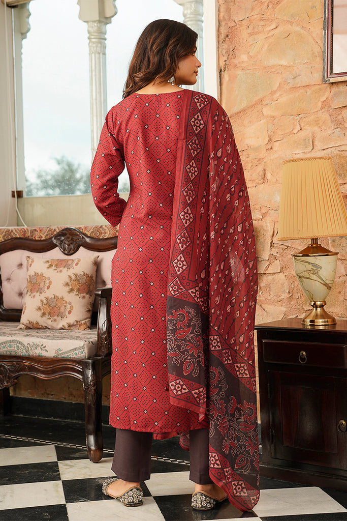 Red Cotton Blend Geometric Printed Straight Kurta Trousers With Dupatta VKSKD2414