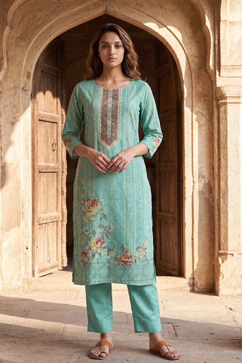 Teal Pure Cotton Ethnic Motifs Printed  Straight Kurta Sets VKSKD3200
