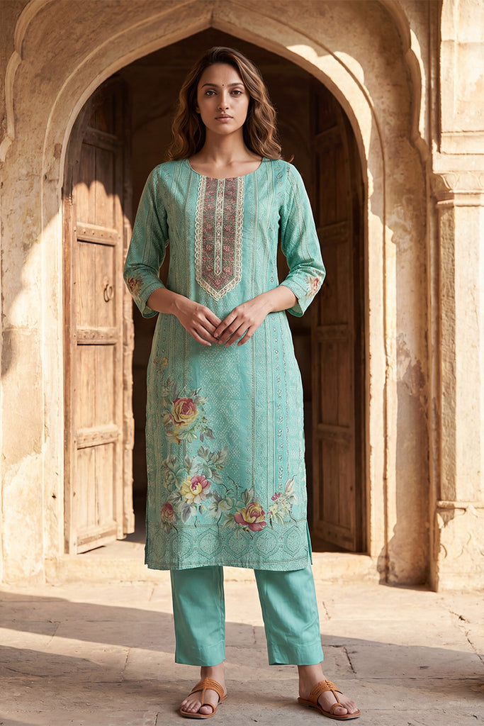 Teal Pure Cotton Ethnic Motifs Printed  Straight Kurta Sets VKSKD3200