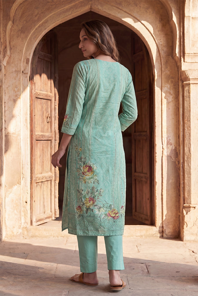 Teal Pure Cotton Ethnic Motifs Printed  Straight Kurta Sets VKSKD3200