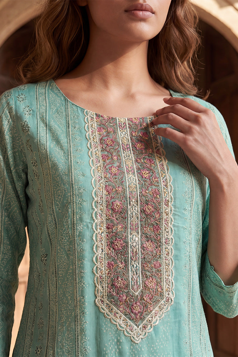 Teal Pure Cotton Ethnic Motifs Printed  Straight Kurta Sets VKSKD3200