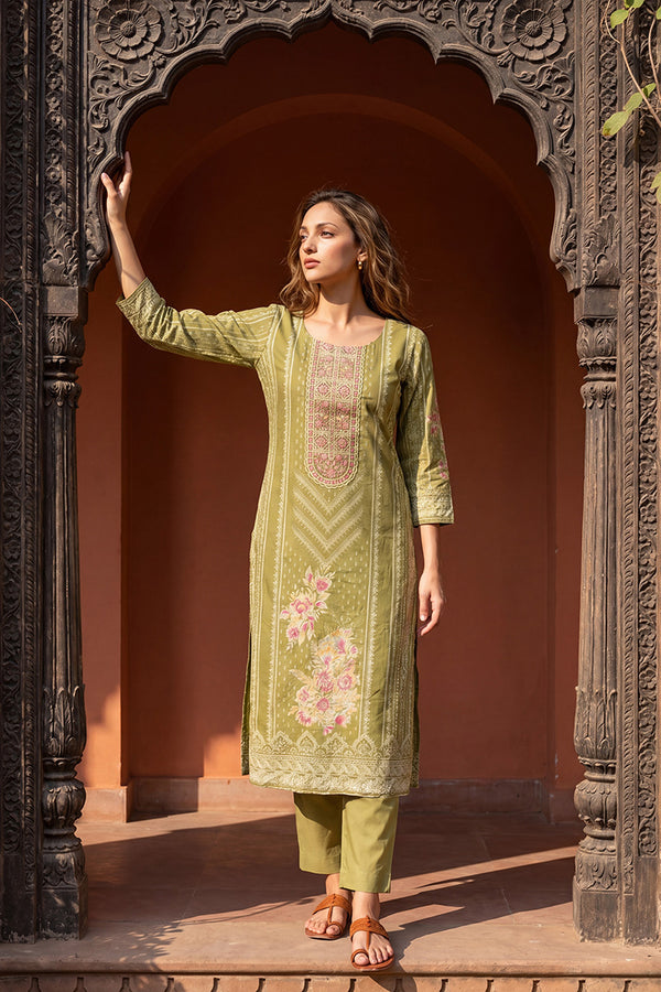 Green Pure Cotton Ethnic Motifs Printed  Straight Kurta Sets VKSKD3201