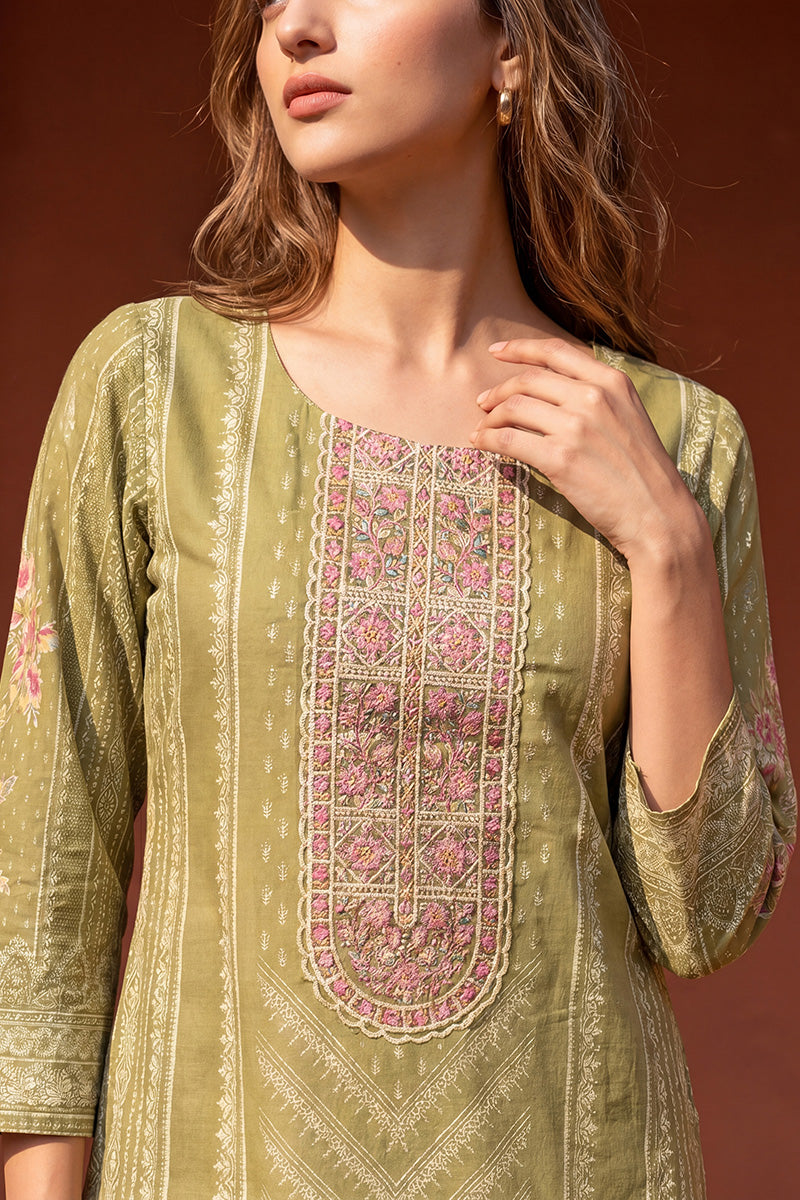 Green Pure Cotton Ethnic Motifs Printed  Straight Kurta Sets VKSKD3201