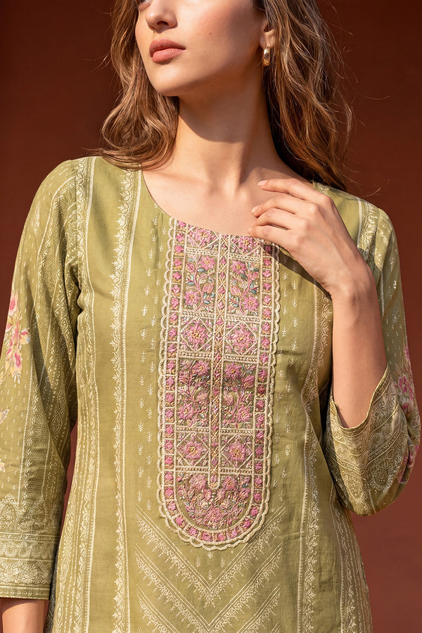 Green Pure Cotton Ethnic Motifs Printed  Straight Kurta Sets VKSKD3201