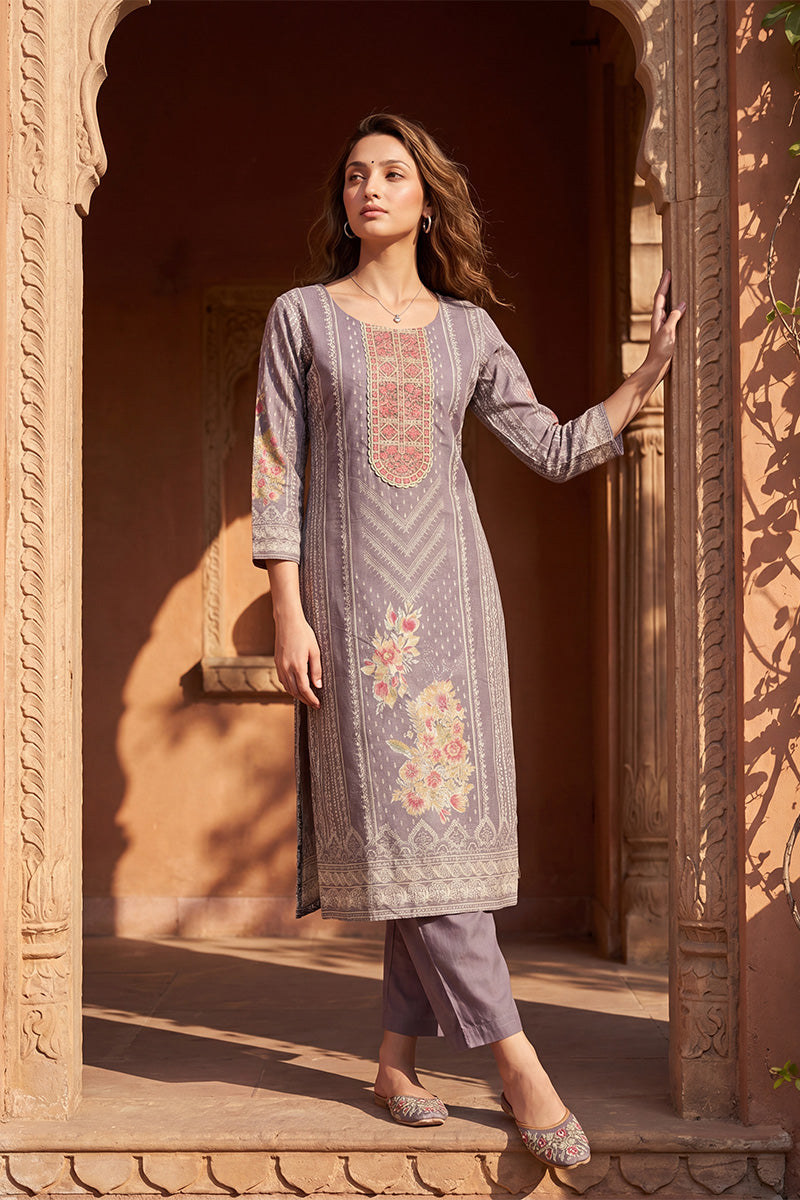 Lavender Pure Cotton Ethnic Motifs Printed  Straight Kurta Sets VKSKD3202