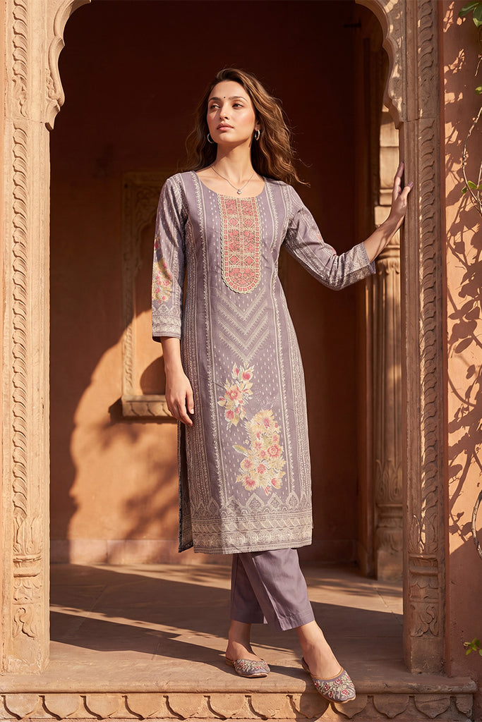 Lavender Pure Cotton Ethnic Motifs Printed  Straight Kurta Sets VKSKD3202