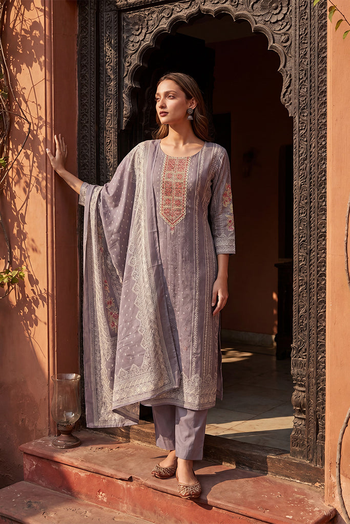Lavender Pure Cotton Ethnic Motifs Printed  Straight Kurta Sets VKSKD3202