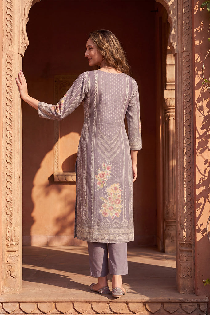 Lavender Pure Cotton Ethnic Motifs Printed  Straight Kurta Sets VKSKD3202