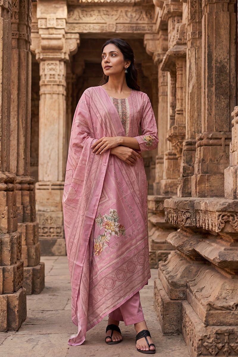 Pink Pure Cotton Ethnic Motifs Printed  Straight Kurta Sets VKSKD3203
