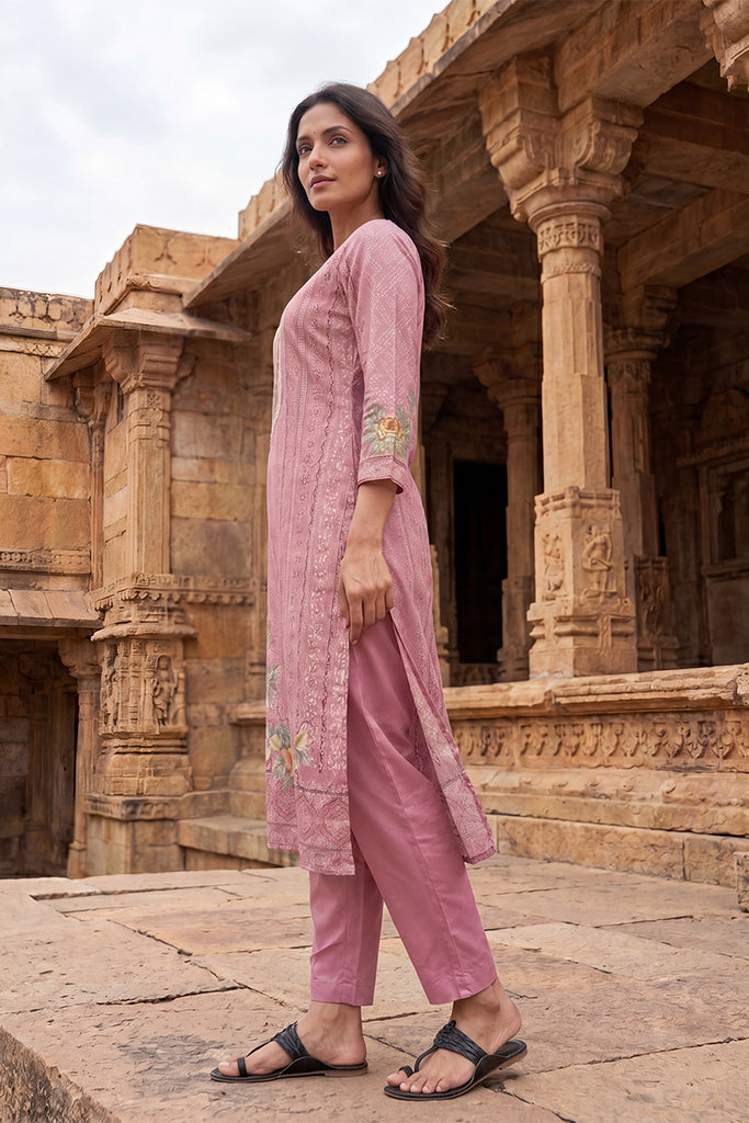 Pink Pure Cotton Ethnic Motifs Printed  Straight Kurta Sets VKSKD3203