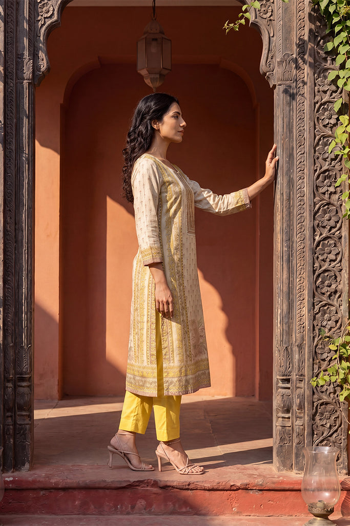 Yellow Pure Cotton Floral Printed  Straight Kurta Sets VKSKD3204