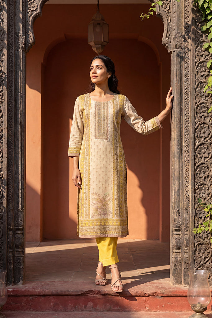 Yellow Pure Cotton Floral Printed  Straight Kurta Sets VKSKD3204