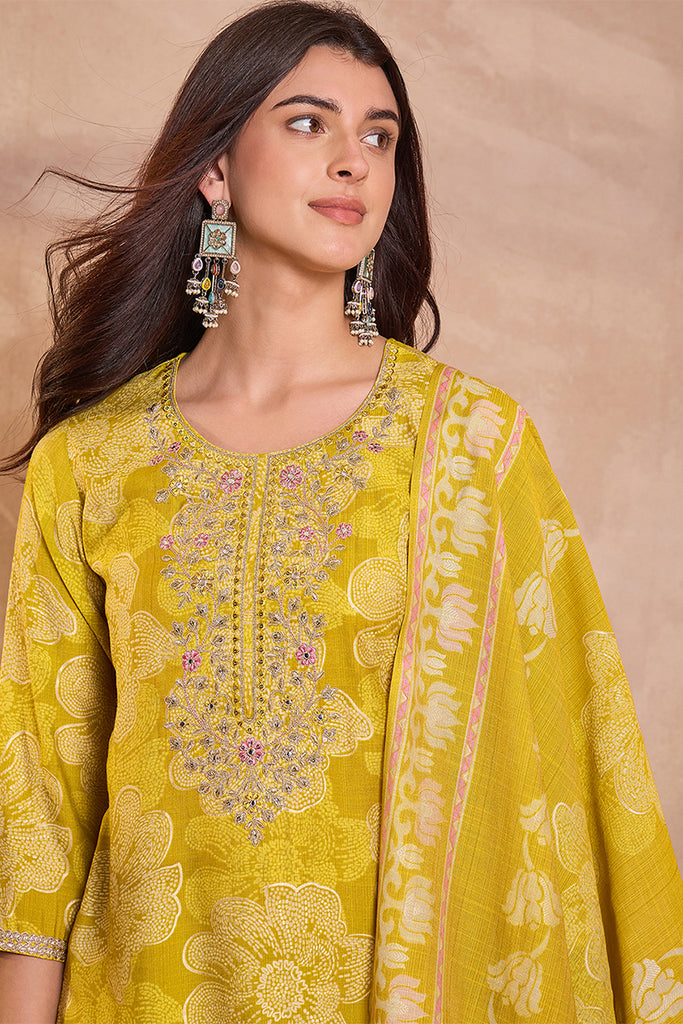 Yellow Poly Silk Floral Printed Straight Kurta Trouser With Dupatta VKSKD3209
