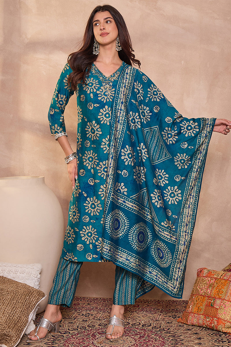 Blue Cotton Blend Abstract Printed Straight Kurta Trouser With Dupatta VKSKD3212