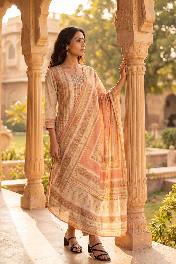 Peach Pure Cotton Ethnic Motifs Printed  Straight Kurta Sets VKSKD3216