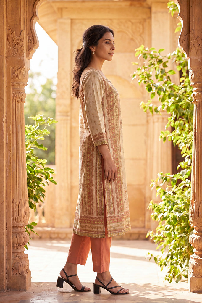 Peach Pure Cotton Ethnic Motifs Printed  Straight Kurta Sets VKSKD3216
