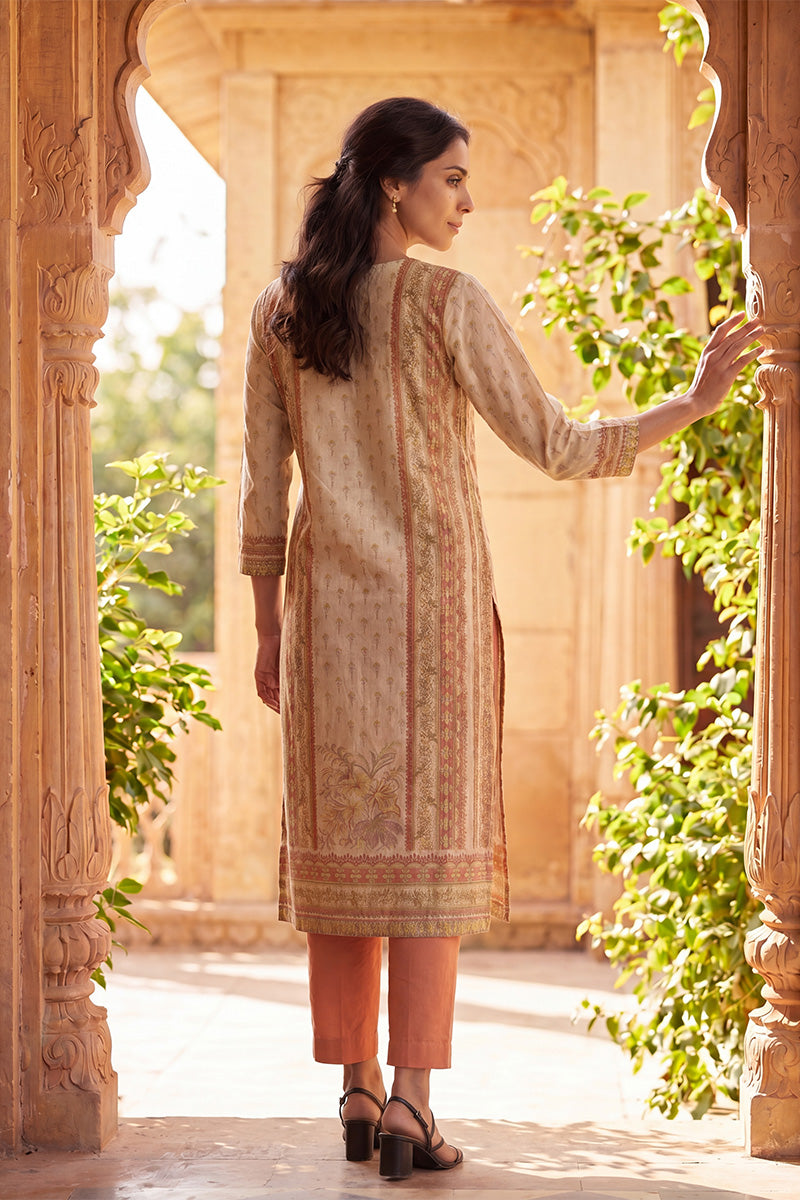Peach Pure Cotton Ethnic Motifs Printed  Straight Kurta Sets VKSKD3216