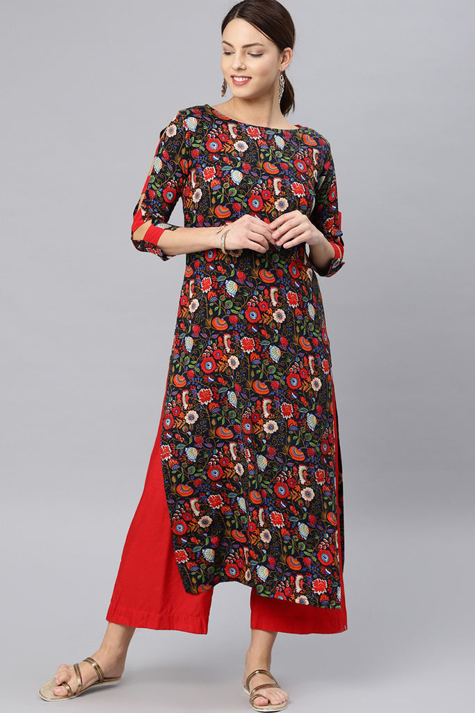 Navy Blue Viscose Rayon Floral Printed Straight Kurta VRK1043