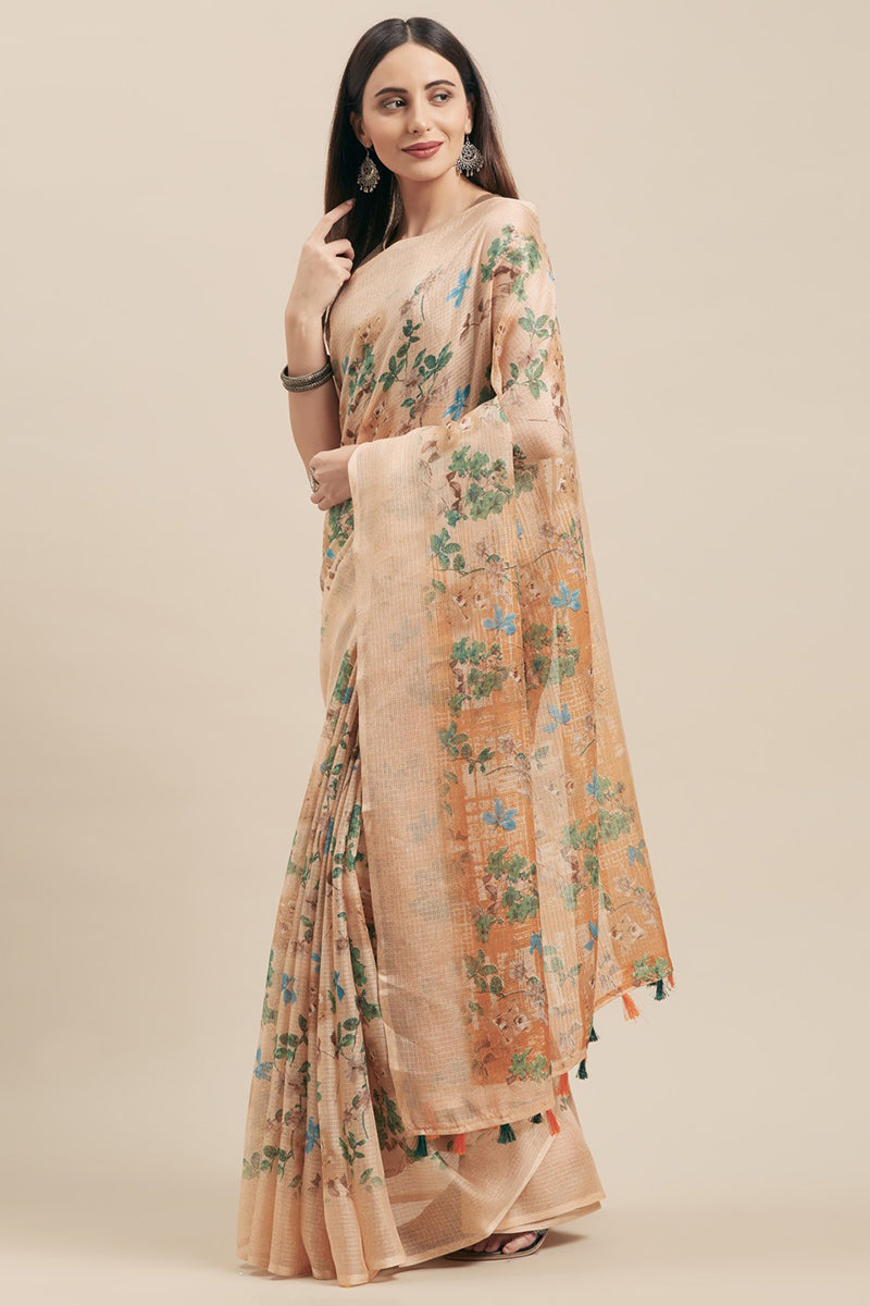 Beige Art Silk Aztec Printed Saree With Blouse Piece TS1062