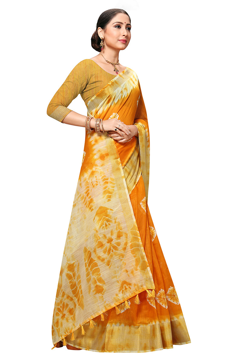 Yellow Cotton Blend Dyed Saree With Blouse Piece VSAR1194