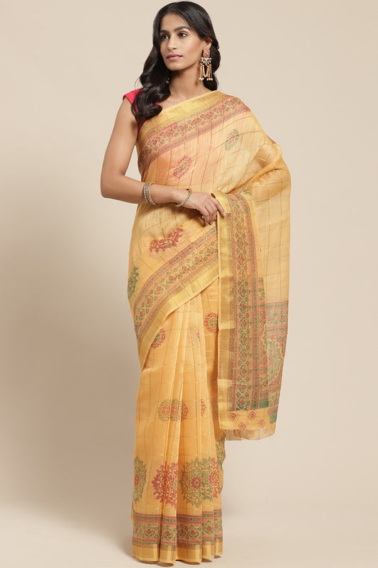 Yellow Cotton Blend Printed Saree With Blouse Piece VSAR1220