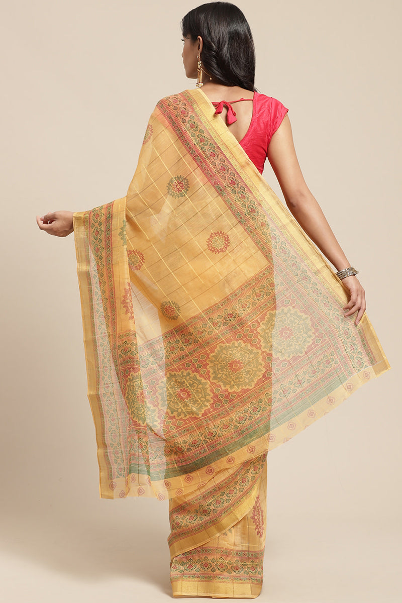 Yellow Cotton Blend Printed Saree With Blouse Piece VSAR1220