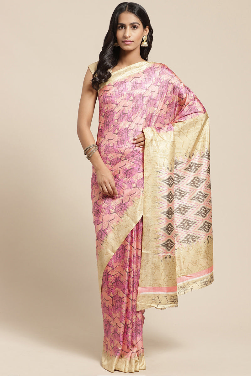 Pink Art Silk Printed Saree With Blouse Piece VSAR1227