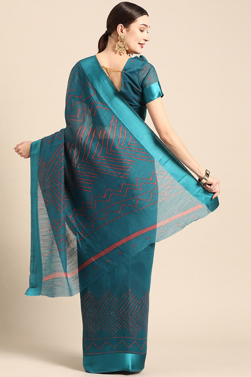 Blue Art Silk Printed Saree With Blouse Piece VSAR1540