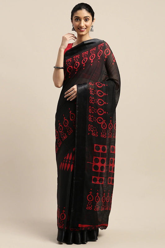 Black Art Silk Printed Saree With Blouse Piece VSAR1541