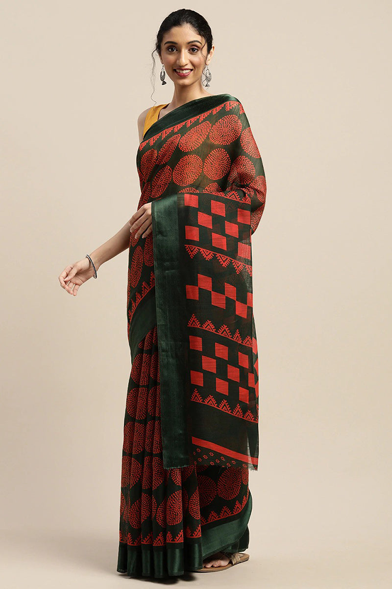 Green Art Silk Printed Saree With Blouse Piece VSAR1542